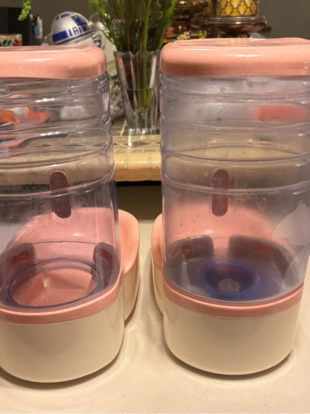 Pink Self-Dispensing Pet Water/Food Fountain Pair used see comments. 15.00